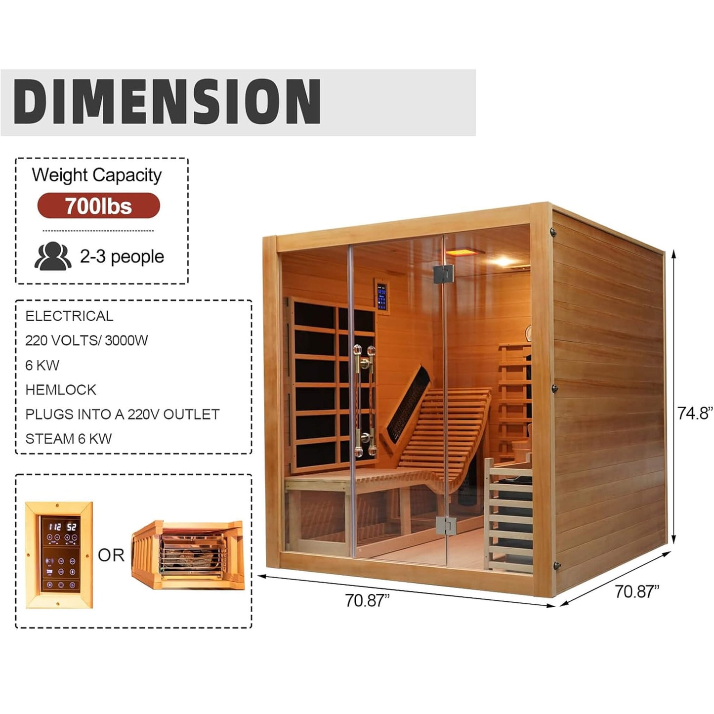 Sauna híbrida interior Rövia Oasis para 3 personas con sillón incorporado
