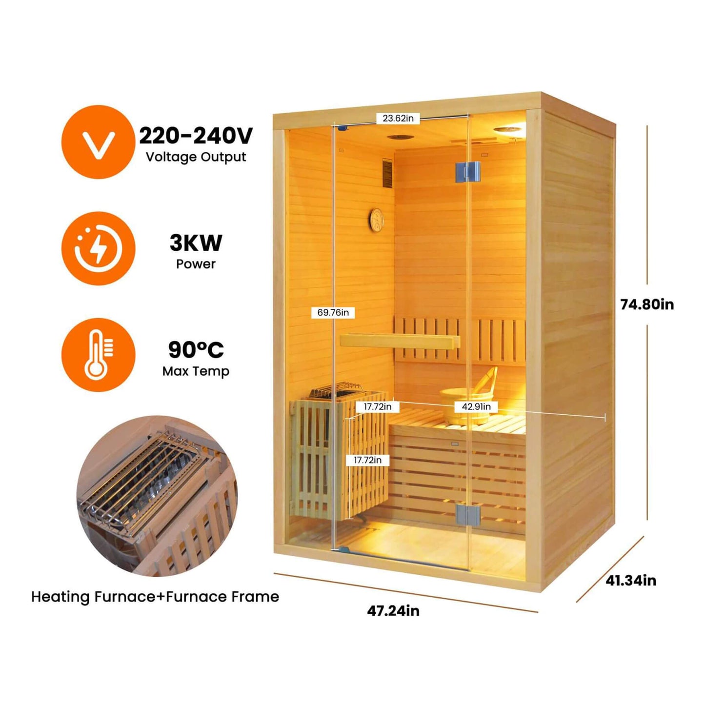 Sauna de madera de cicuta Thermora Alpine Premium para 2 personas, 3 kW, con luz LED de pared