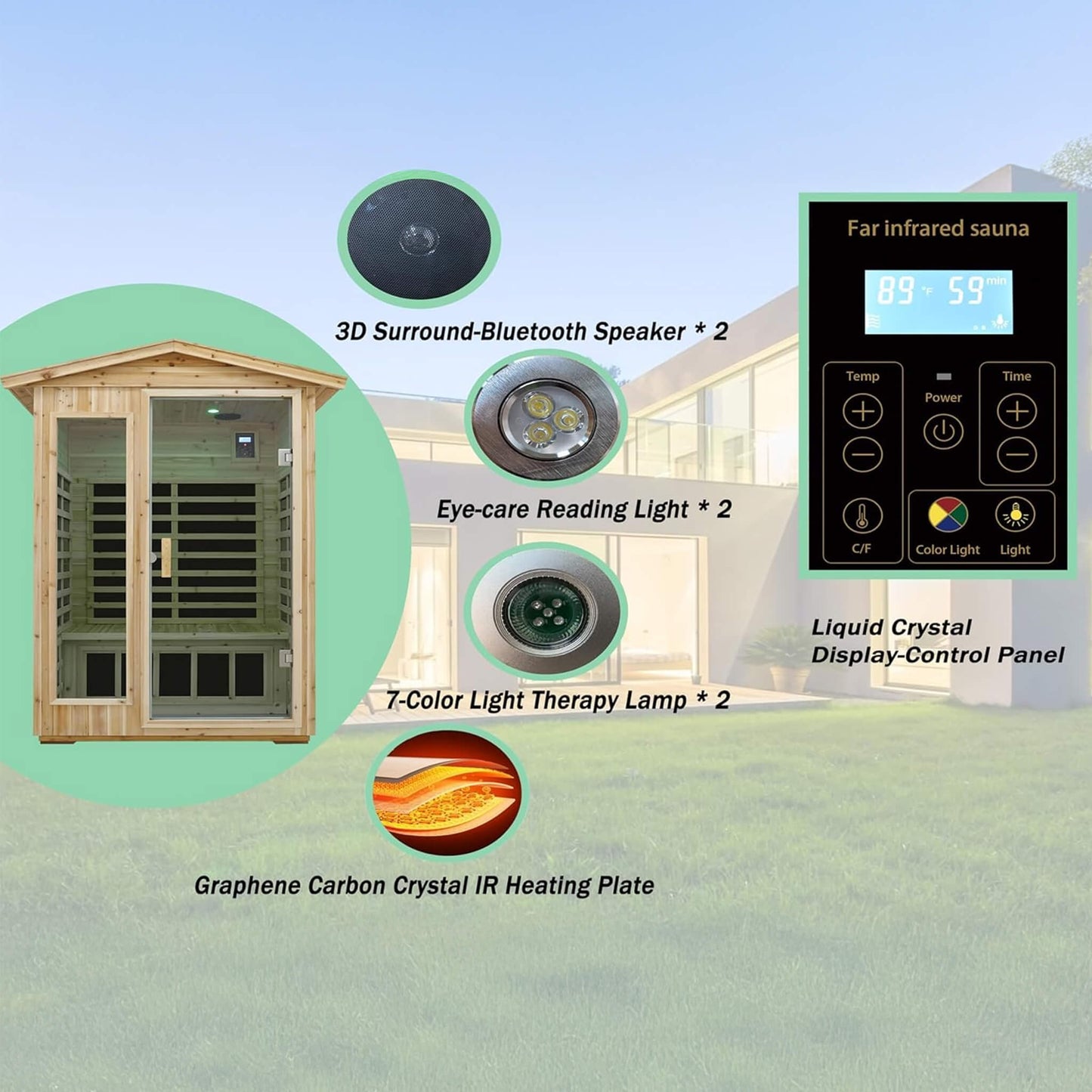 Sauna infrarroja de lujo Thermora Vexa para exteriores, para 2 personas, de bajo EMF, con cicuta, Bluetooth y luz de cromoterapia