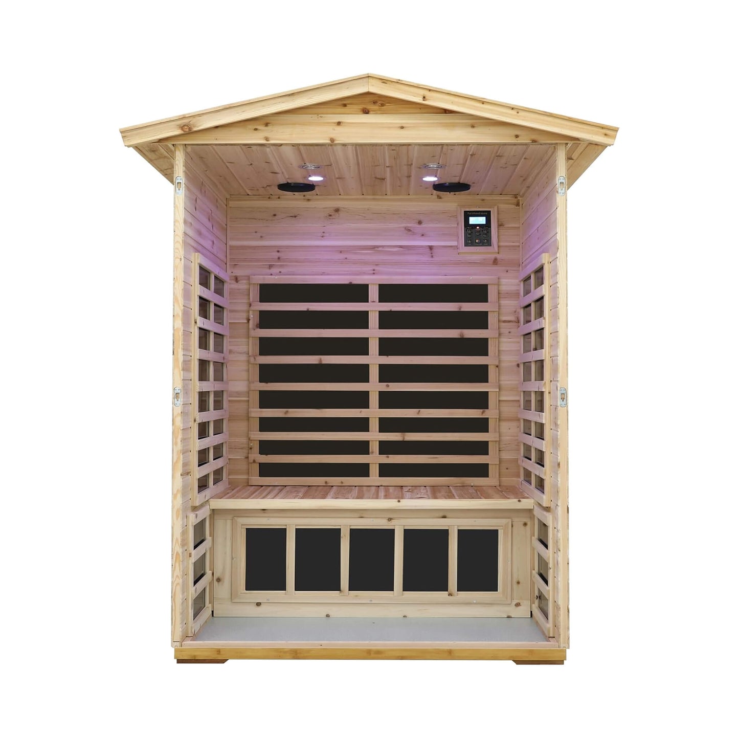 Sauna infrarroja de lujo Thermora Vexa para exteriores, para 2 personas, de bajo EMF, con cicuta, Bluetooth y luz de cromoterapia