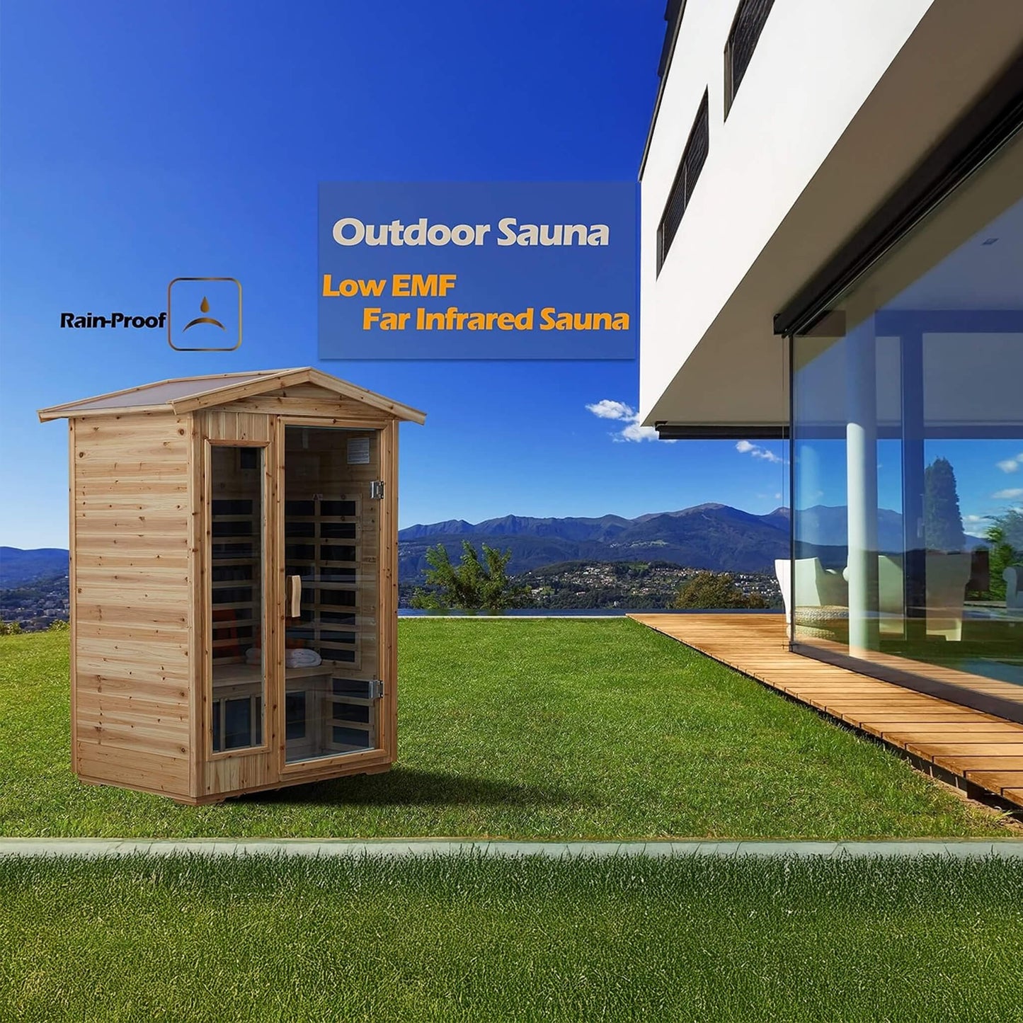 Sauna infrarroja de lujo Thermora Vexa para exteriores, para 2 personas, de bajo EMF, con cicuta, Bluetooth y luz de cromoterapia