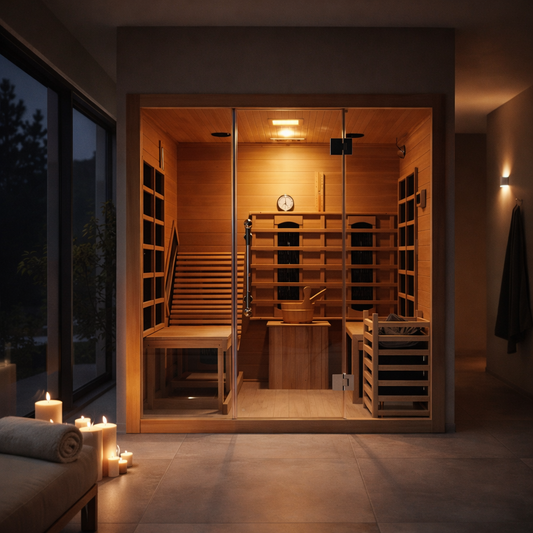 Sauna híbrida interior Rövia Oasis para 3 personas con sillón incorporado