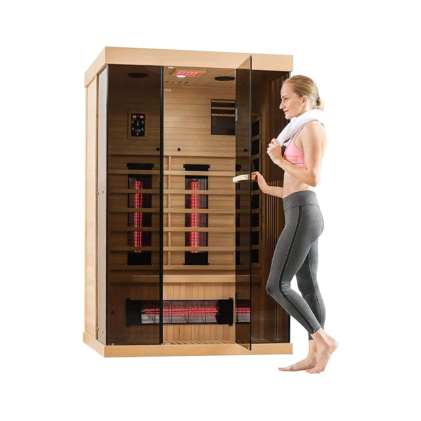 Sauna personal de lujo Thermora Valen para 2 personas, con calefacción por infrarrojos lejanos y bajo EMF, de madera, con vidrio templado panorámico, 2000 W