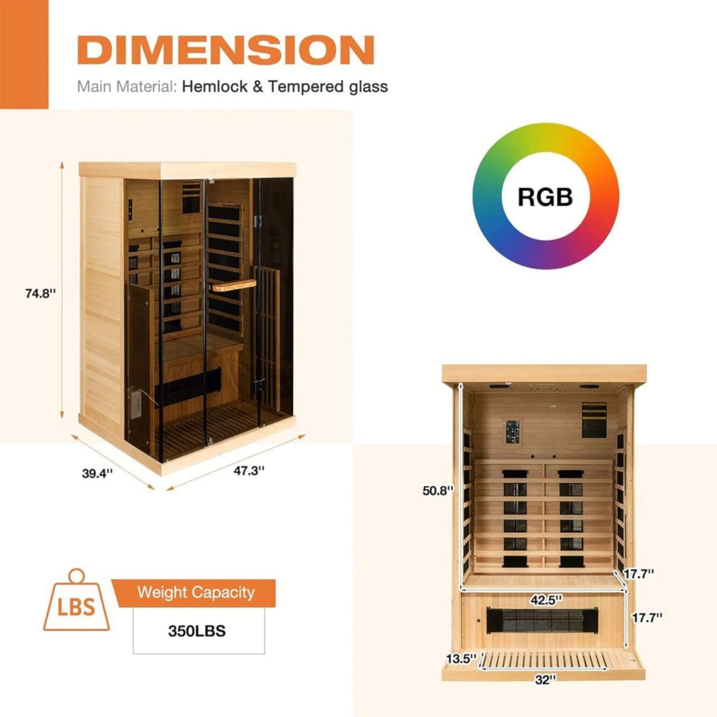 Sauna personal de lujo Thermora Valen para 2 personas, con calefacción por infrarrojos lejanos y bajo EMF, de madera, con vidrio templado panorámico, 2000 W