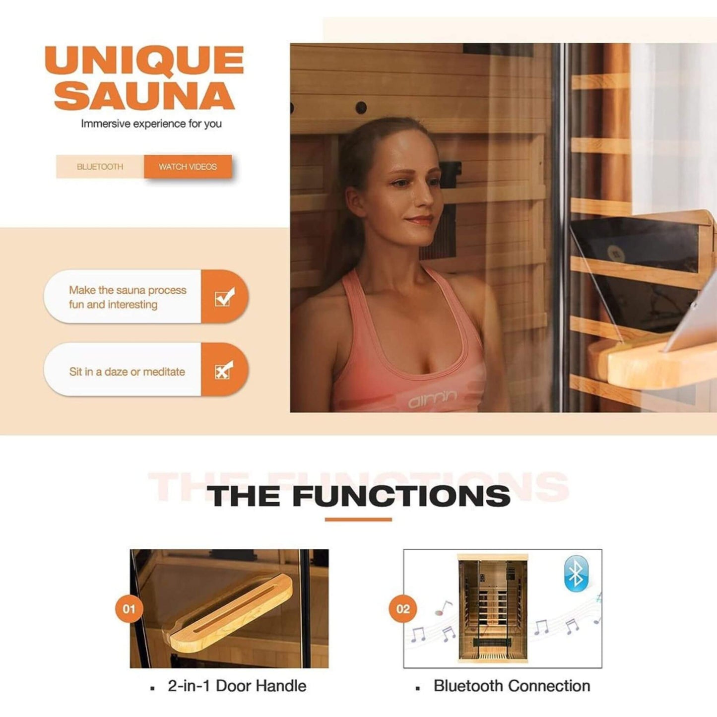 Sauna personal de lujo Thermora Valen para 2 personas, con calefacción por infrarrojos lejanos y bajo EMF, de madera, con vidrio templado panorámico, 2000 W