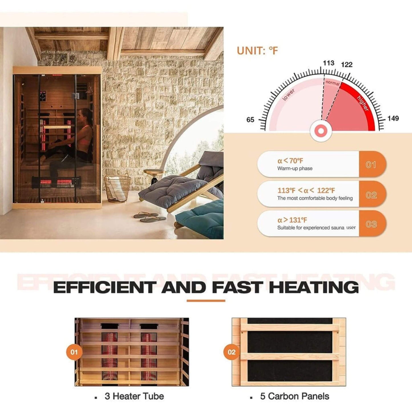 Sauna personal de lujo Thermora Valen para 2 personas, con calefacción por infrarrojos lejanos y bajo EMF, de madera, con vidrio templado panorámico, 2000 W