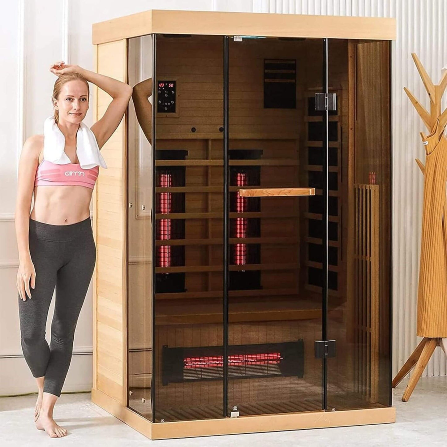 Sauna personal de lujo Thermora Valen para 2 personas, con calefacción por infrarrojos lejanos y bajo EMF, de madera, con vidrio templado panorámico, 2000 W