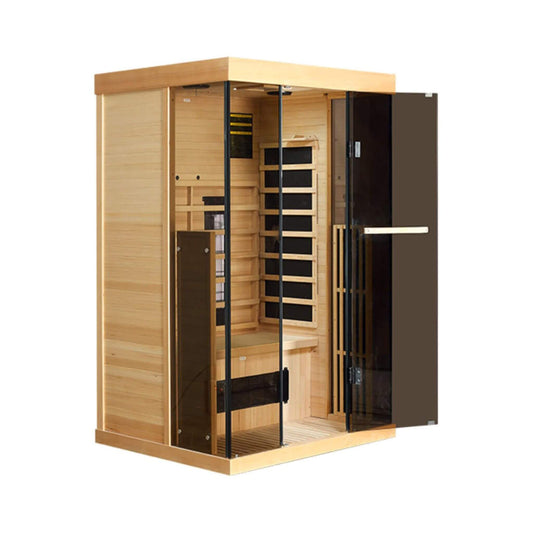 Sauna personal de lujo Thermora Valen para 2 personas, con calefacción por infrarrojos lejanos y bajo EMF, de madera, con vidrio templado panorámico, 2000 W