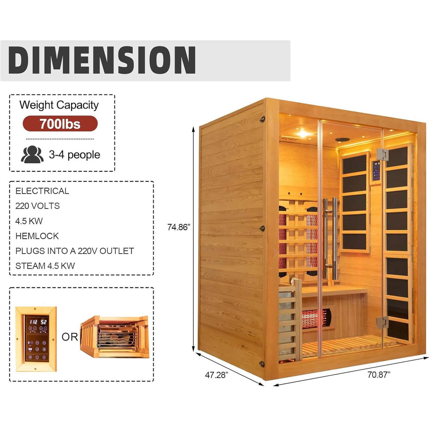 Sauna híbrida de interior Rövia Aurora™ para 3 personas