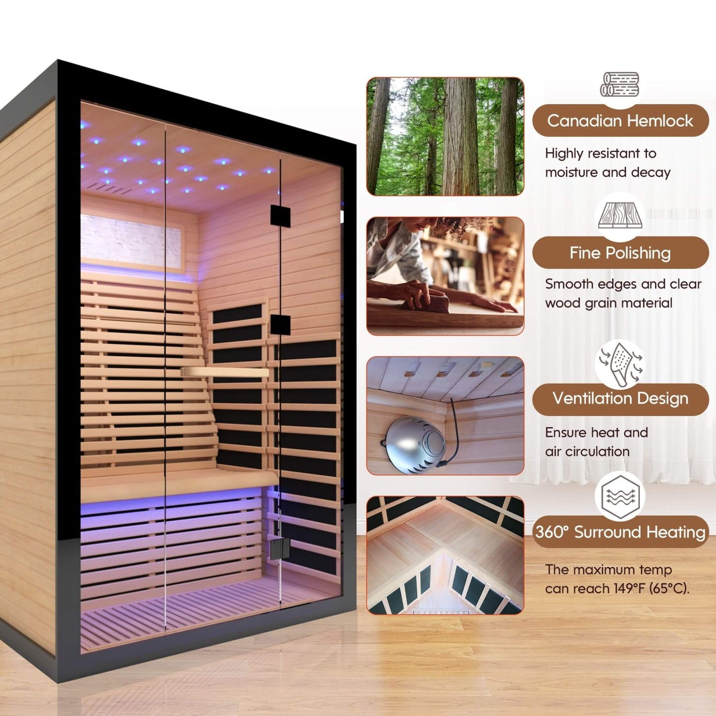 Sauna de infrarrojos lejanos de lujo para dos personas de cicuta canadiense Thermora