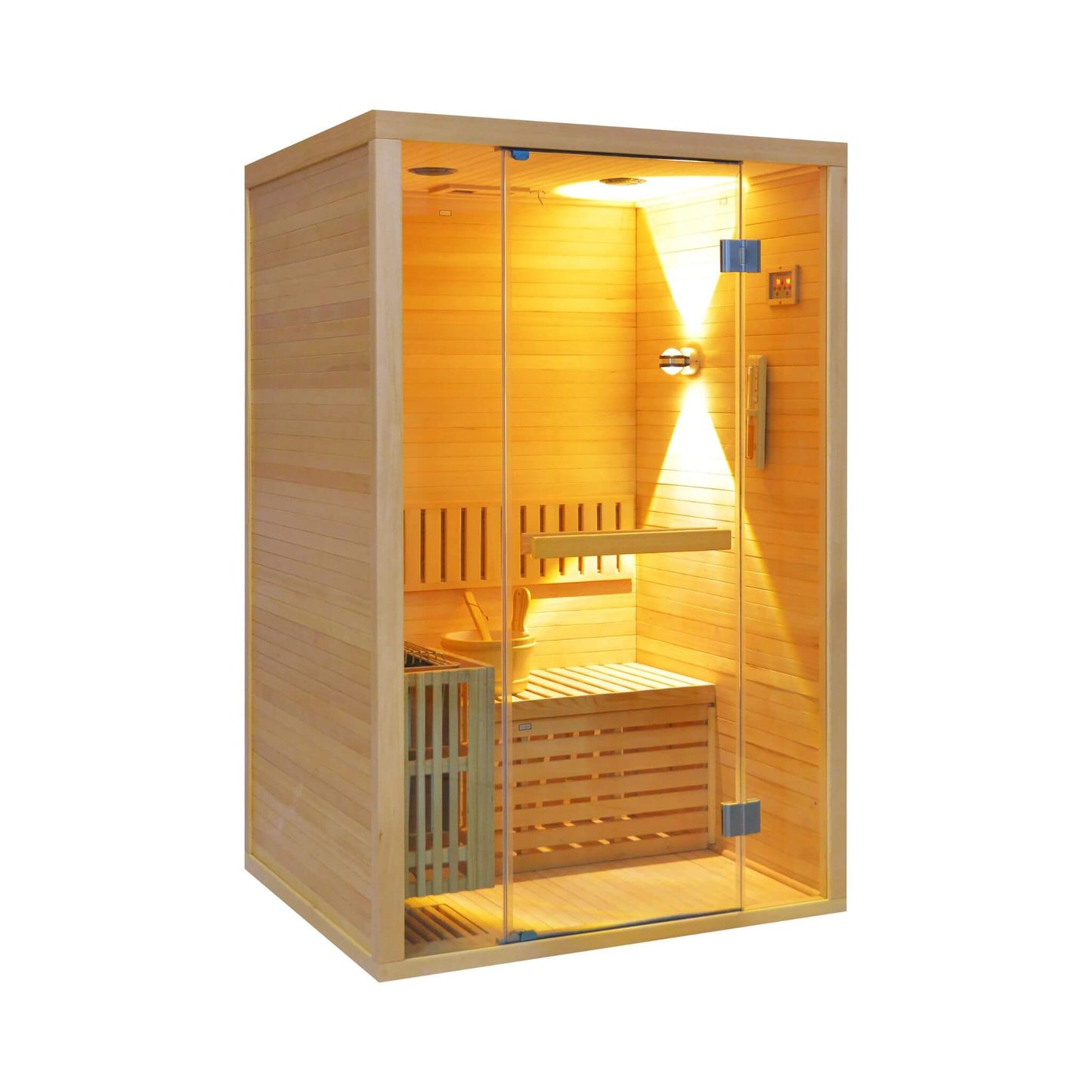 Sauna de madera de cicuta Thermora Alpine Premium para 2 personas, 3 kW, con luz LED de pared