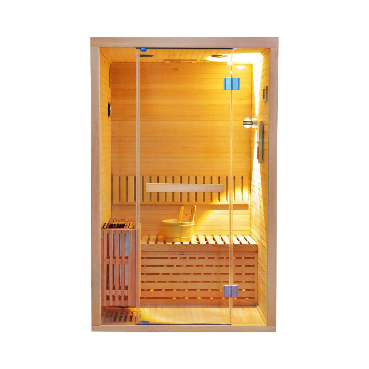 Sauna de madera de cicuta Thermora Alpine Premium para 2 personas, 3 kW, con luz LED de pared