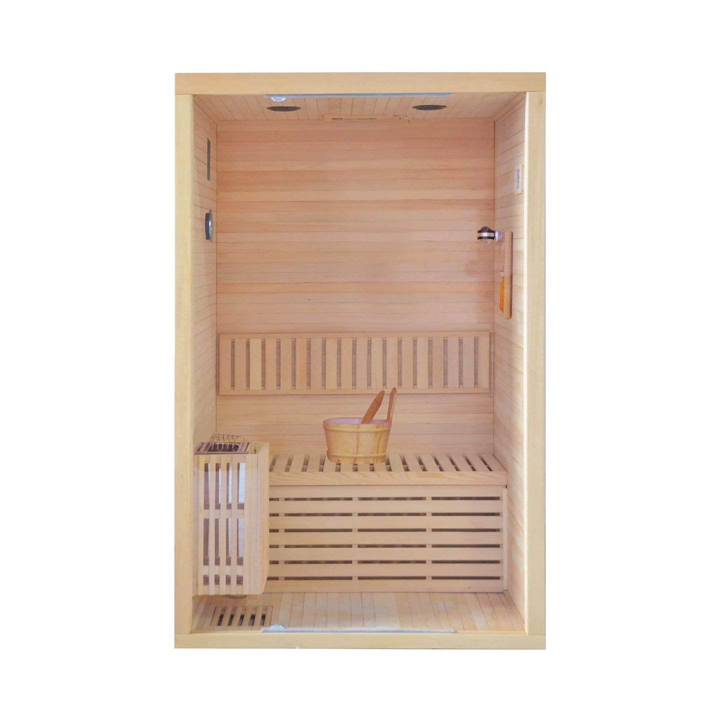 Sauna de madera de cicuta Thermora Alpine Premium para 2 personas, 3 kW, con luz LED de pared