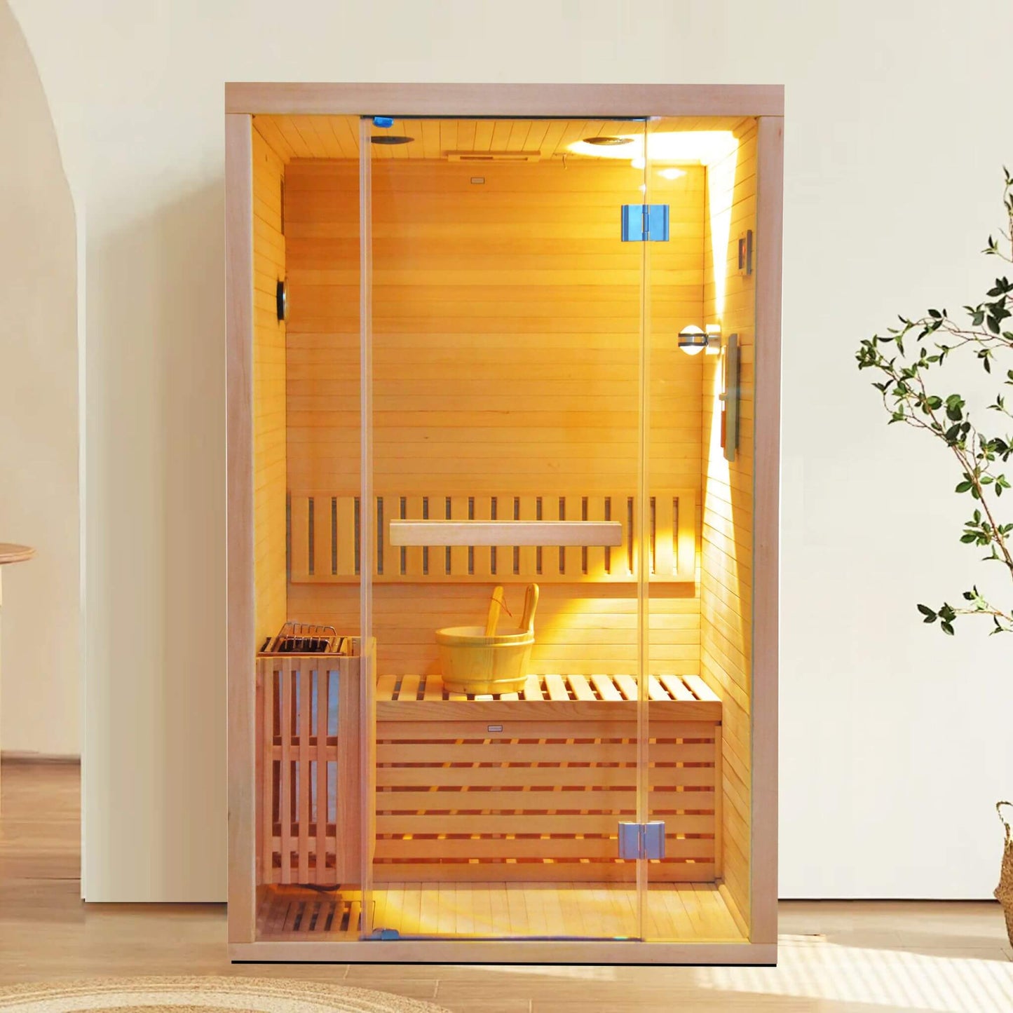Sauna de madera de cicuta Thermora Alpine Premium para 2 personas, 3 kW, con luz LED de pared