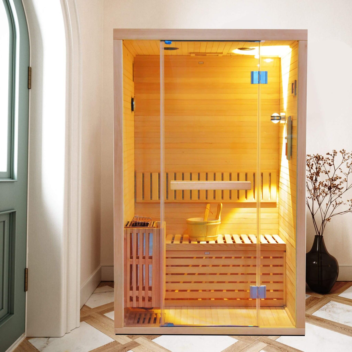 Sauna de madera de cicuta Thermora Alpine Premium para 2 personas, 3 kW, con luz LED de pared