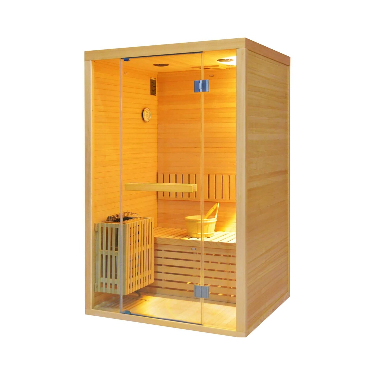 Sauna de madera de cicuta Thermora Alpine Premium para 2 personas, 3 kW, con luz LED de pared