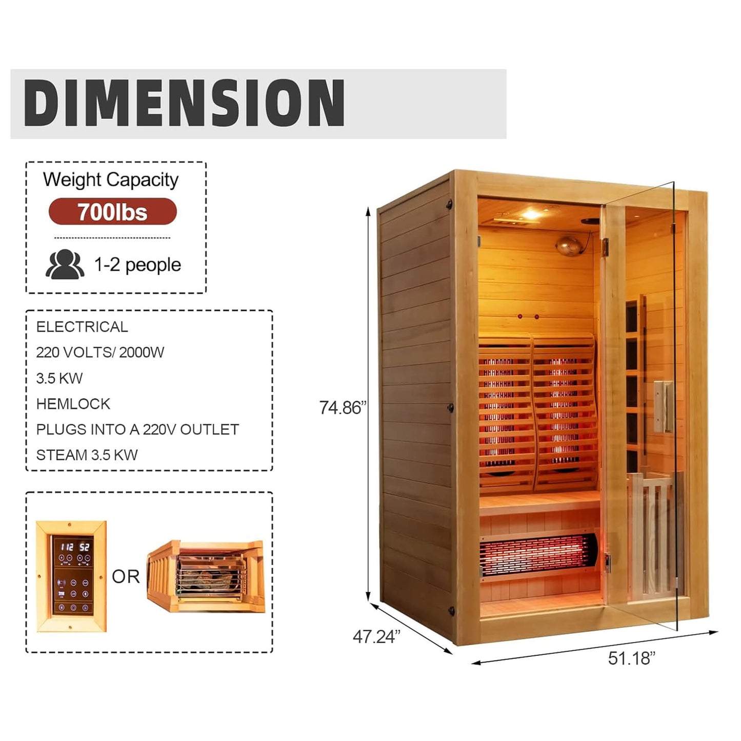 Sauna híbrida de interior para 2 personas Rövia Luma™