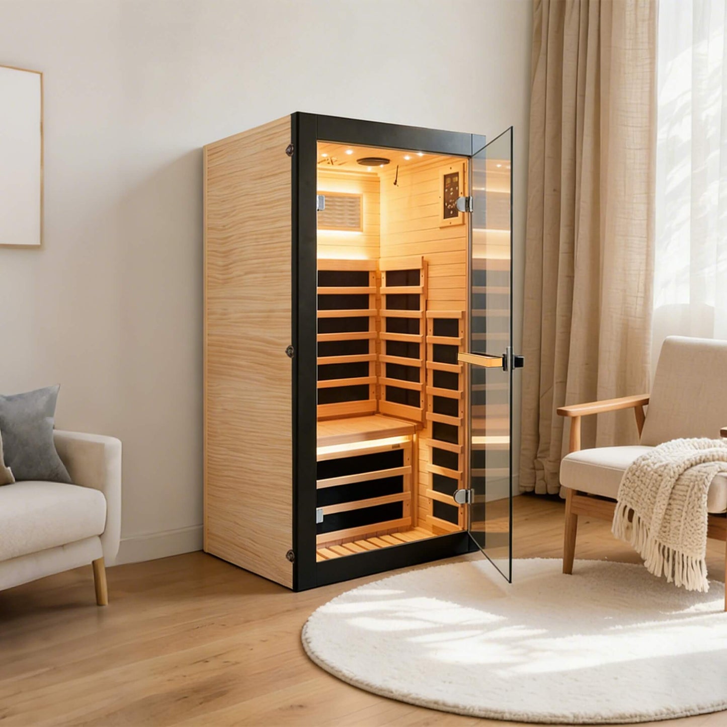 Cabina de sauna infrarroja individual de pino chileno Thermora Solara